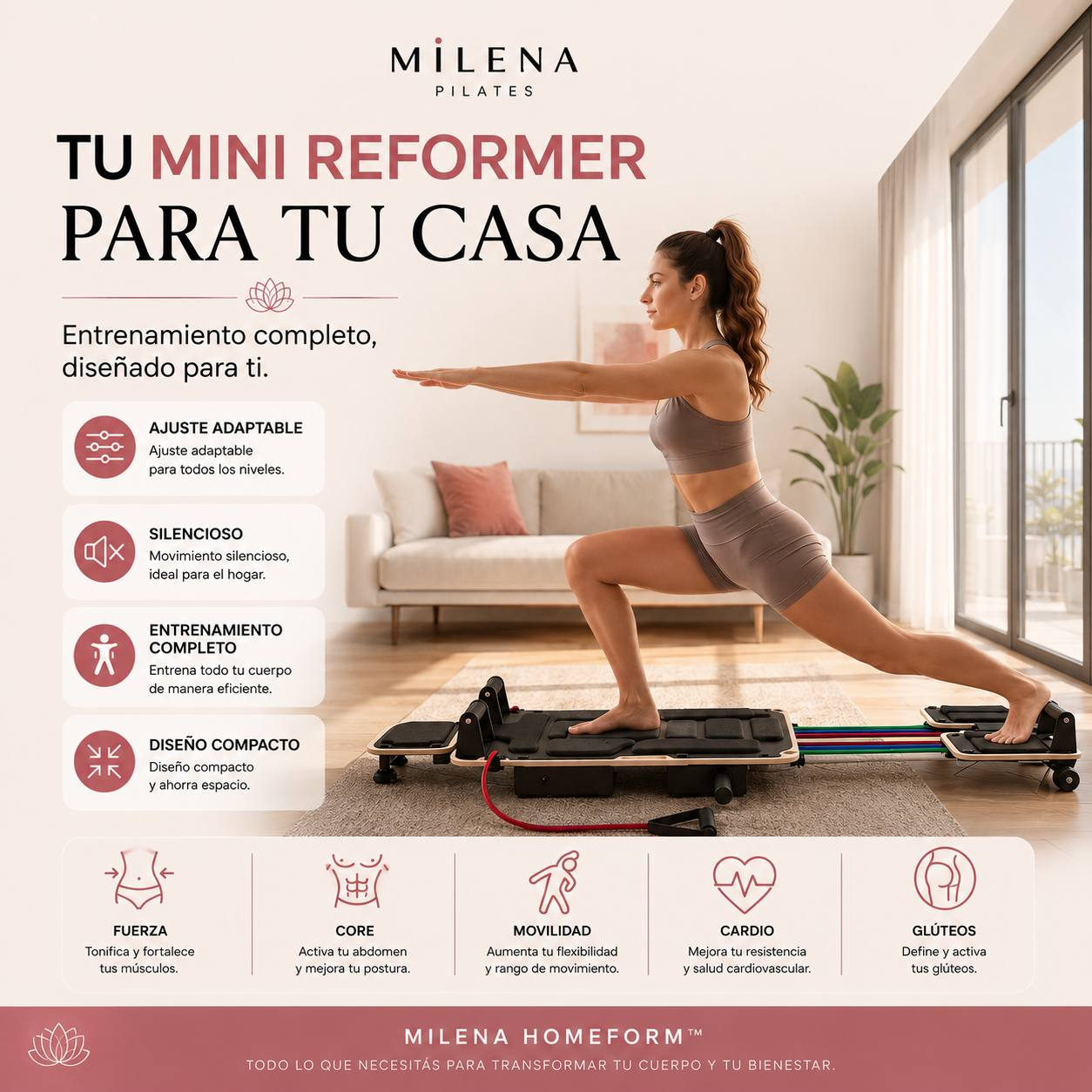 Mini Reformer LUMA para casa: ajuste adaptable, silencioso, entrenamiento completo y diseño compacto